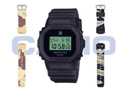 Casio x Undefeated G-Shock DWE-5600UD-1, z paskiem w kamuflażu pustynnym (po lewej) i paskiem w kamuflażu leśnym (po prawej). (Źródło zdjęcia: Casio)