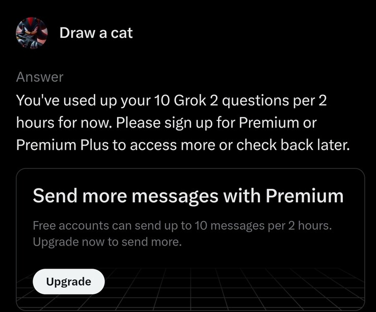 Bezpłatna warstwa Grok pozwala zadać 10 pytań w ciągu 2 godzin. (Źródło obrazu: platforma X)