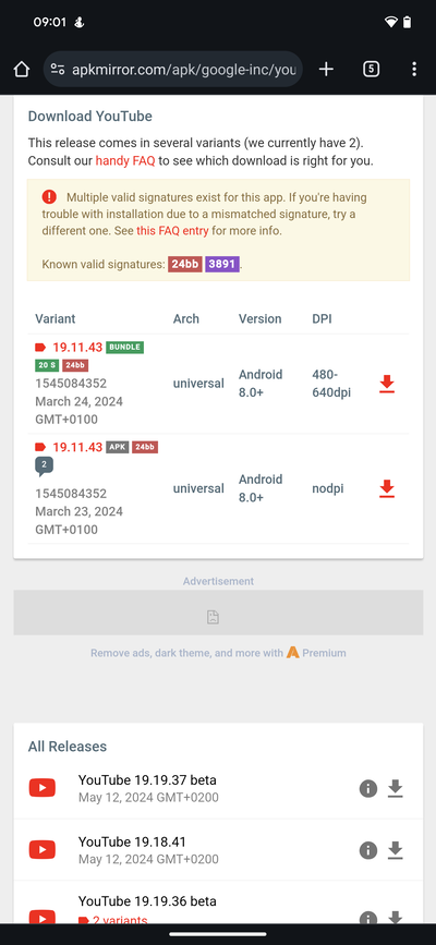 Proszę upewnić się, że pobrano APK, a nie pakiet, ponieważ Revanced może łatać tylko APK (Źródło: Apkmirror)