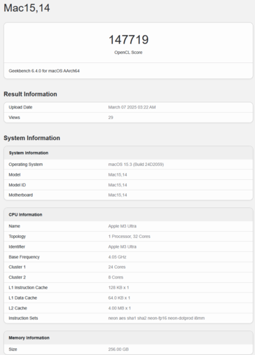 Apple Wynik GPU OpenCL w Geekbench M3 Ultra (wynik obrazu Geekbench)