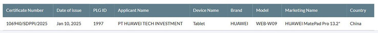 Indonezyjski SDPPI zatwierdza MatePad Pro 13.2 2025 do sprzedaży. (Źródło: SDPPI za pośrednictwem HuaweiCentral)