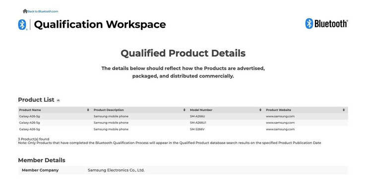 Nadchodzący Galaxy A26 5G najwyraźniej ma na swoim koncie wiele oficjalnych dokumentów. (Źródło: Bluetooth SIG, BIS i TÜV Rheinland za pośrednictwem MySmartPrice)