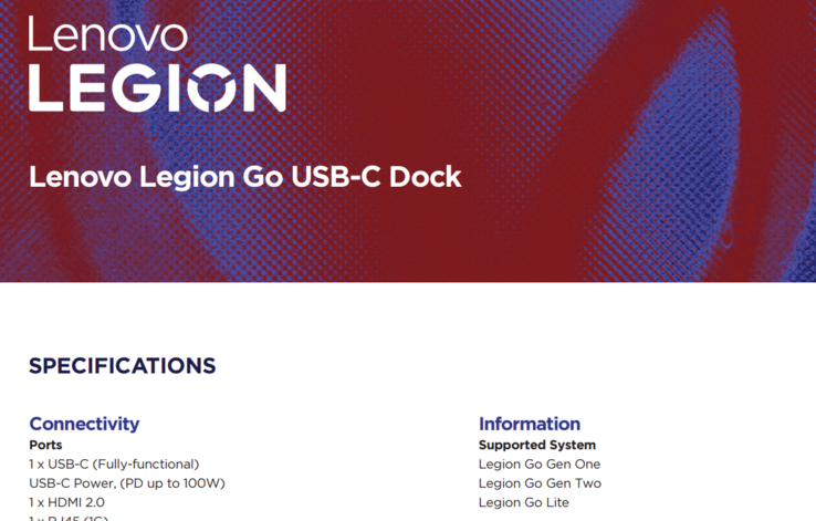 Nagłówek Supported System w broszurze "Dock Compatibility" wymienia Lenovo Legion Go Gen Two obok Gen One i Go Lite. (Źródło obrazu: Lenovo)