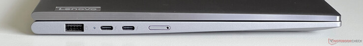 Po lewej: USB-A 3.2 Gen 1 (5 Gbit/s, zawsze włączone), 2x USB-C 4.0 z Thunderbolt 4 (40 Gbit/s, DisplayPort 2.1, Power Delivery 3.0), karta Nano SIM